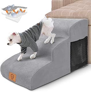 Myiosus Dog Steps for Bed, Non-Slip Dog Stairs for Small Dogs and Cats, High Density Foam Pet Ramp Ladder with Removable Washable Cover, 3 Steps for Dogs to Get on the Bed Sofa, 60x40x40cm