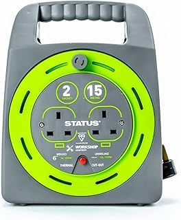 STATUS 2 Socket Cable Reel | 15m Green Extension Lead | 13A with Thermal Cut Out | Heavy Duty Outdoor Extension Lead | S15M2SHBCR1PK2