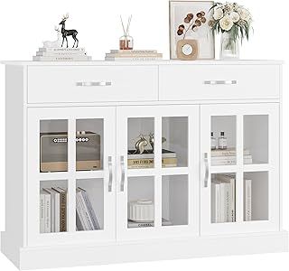 120cm White Sideboard, Living Room Cabinets, Kitchen Sideboard, Display Cabinet with 3 Glass Doors 2 Drawers and Adjustable Shelves Wooden 120x40x84cm