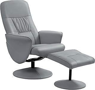 HOMCOM Swivel Recliner Chair with Footstool, PU Leather Armchair and Ottoman with High Back and Round Base for Living Room, Light Grey