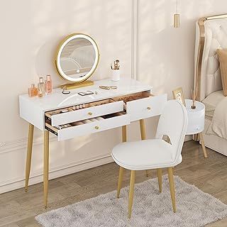 WOLTU Dressing Table with LED Mirror, Adjustable Brightness, Vanity Table and Stool Set, Backrest Adjustable Dressing Chair, Modern Make Up Table with 3 Drawers (A White+gold)