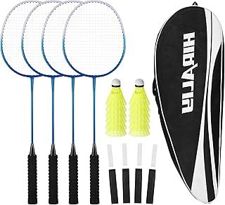 HIRALIY Badminton Rackets Set of 4 for Outdoor Backyard Games, Including 4 Rackets, 12 Nylon Shuttlecocks, 4 Replacement Grip Tapes and 1 Carrying Bag