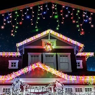 ANSIO® Outdoor Christmas Lights 220 LED 7.5m/24ft Icicle Lights Outdoor & Indoor Multicoloured Decorations String Fairy Outside Lights with Timer Xmas Garden Bedroom Party|Mains Powered Green Cable
