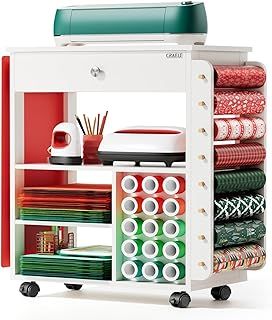 Craft Storage Compatible with Cricut, Craft Table with Vinyl Roll Holder Crafting Storage Cabinet Tool Holder Trolley on Wheels for Craft Room Home Office (Patented)