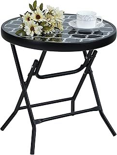 PHI VILLA Folding Side Table, Foldable Coffee Table, Outdoor Garden Table, Small Round Patio Table - Black