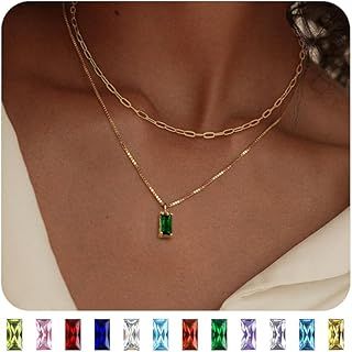 FIOROYAL 14K Gold Plated Birthstone Necklace for Women Girls,Layered Gold Necklace Stack,Dainty Ruby Emerald Cubic Zirconia Pendant Necklace,Diamond Necklaces Birthstone for Birthday Gifts Jewellery