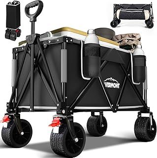 Overmont 150kg Festival Camping Trolley on Wheels - Heavy Duty Folding Wagon Cart with Extra Wide Wheels, 330lbs Capacity, Adjustable Handle, Portable for Outdoor, Garden, Shopping, Beach - Black