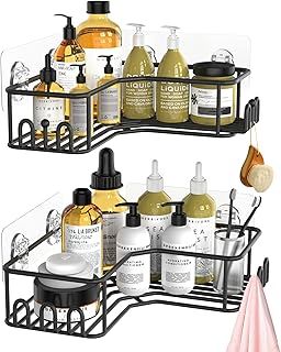 Cosicosy Corner Shower Shelf, Adhesive Bathroom Corner Shelf with 12 Built-in Hooks, Wall Mounted Corner Kitchen Shelf Shower Caddy Bathroom Accessories Storage Organizer No Drilling - 2 Pack, Black