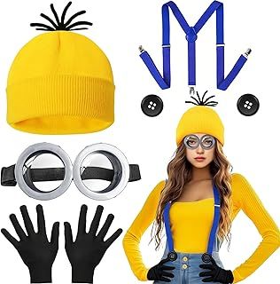 6PCS Yellow Costume Accessories for Adult, Fancy Dress Set with Goggles Yellow Beanie Knit Hats Black Gloves Buttons Blue Straps Party Costumes for Halloween Cosplay Party Supplies