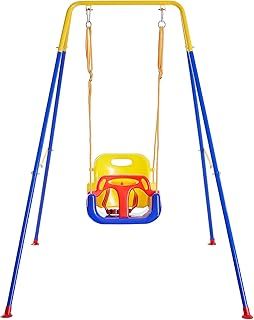 FUNLIO 3-in-1 Swing Set for Toddler with 4 Sandbags, Heavy-Duty Kid Swing Set with Safety Harness, for Garden, Indoor/Outdoor Play, Folding Metal Stand & Clear Instruction, Easy to Assemble & Store