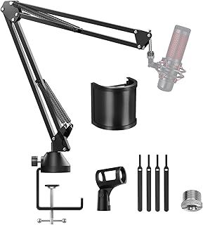 TONOR Microphone Boom Arm, Adjustable Microphone Stand Mic Arm Mic Clip Holder, Extra-large Pop Filter Compatible with Blue Yeti HyperX Quadcast Snowball Rode Razer Seiren Mini Elgato Wave T10