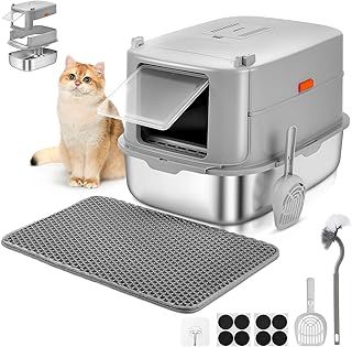 High Sided Stainless Steel Litter Box with Lid, Extra Large Cat Litter Trays Hooded Cat Litter Box, Enclosed Litter Box for Big Cats with Cat Litter Mat, Scoop, Brush, Easy Clean, Detachable