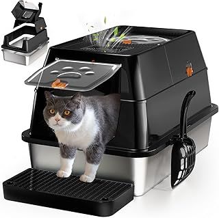 Stainless Steel Cat Litter Tray with Lip, Large Enclosed Litter Box, Cat Litter Box Tray for Medium Large Cats, Easy Clean, Odor Control, 180° Flip-Top - Black