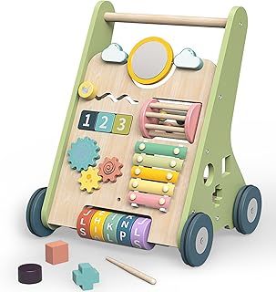 Wooden Baby Walker for 1 2 Year Old Boys Girls Push Along Toy, 10 in 1 Colorful Learning Activity Center for Toddlers 12 Month Gift with Shapes, Phrases & Mirror