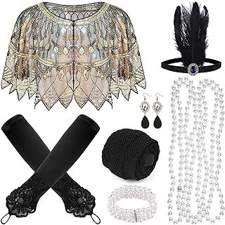 PLULON 8 Pieces 1920s Flapper Accessories Set Sequin Shawl Wraps Feather Headband Pearl Necklace Bracelet Earrings Gloves for Women