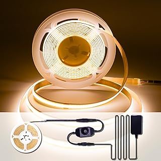 ACELUMO COB LED Strip Warm White, Dotless Strip Light 3m with Power Supply and Dimmer, CRI 92+, High Density, 8mm Width, Dimmable Strip Lights for Decoration, 2700K