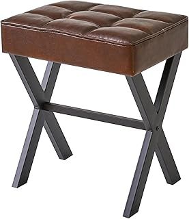IBUYKE Square Makeup Stool with X-Leg Foot Rest, PU Footrest Stool, Ottoman Seat Vanity Stool, Multi-Use as Small Side Table, for Bedroom, Living Room, Dark Brown L/G-71Z