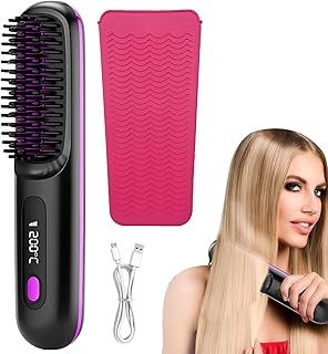 Hair Straighteners Brush, Portable Straightener Brush, Cordless Hair Straighteners Brush with Silicone Organizer, Hot Comb Hair Straightener Cordless for All Hair Types (Black)