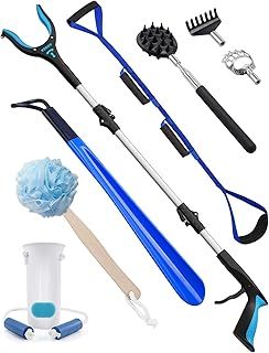 8 Piece Hip Replacement Recovery Aids for Limited Mobility, Seniors, Hip Kit for Total Hip Replacement with 36" Grabber, Sock Aid, 19" Shoe Horn, Leg Lifter, Bath Sponge, Back Scratcher(Blue)