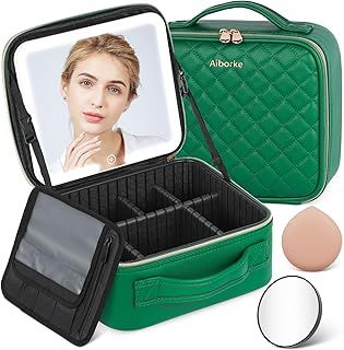 Aiborke Travel Makeup Bag with Led Mirror Makeup Case with Lighted Mirror Cosmetic Organizer Bag with Adjustable Dividers and 5X Magnifying Mirror Gift for Women, Green, Portable