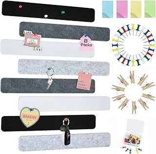 8Pcs Black White Grey Cork Board Bar Strips with 50 Pushpins & Sticky Notes, Self-Adhesive Bulletin Board Strips No Damage for Wall, Felt Pin Board for Paste Notes, Photos, Schedules Offices