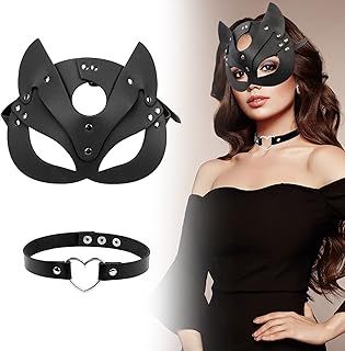 Cat Women Mask and Choker Set, Catwoman Mask Sexy Mask for Women Black PU Leather Mask Masquerade Mask Half Face Mask for Halloween Cosplay (Leather1)