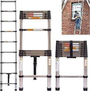 Extension Attic Ladder 2.6M Telescopic Loft Ladder, Stainless Steel Multi-Purpose Collapsible Industrial Ladder with Adjustable Step for Roof Work, Window Cleaning, Indoor Decorating, Max Load 330lbs