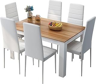 Mondeer Dining Table and Chairs Set 6, Dining Room Sets High Back Faux Leather Chair, for Kitchen Home Office, 138 x 90 x 75 cm, Oak Table White Chairs