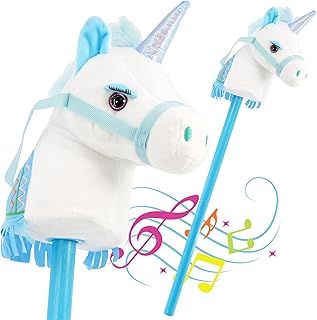 Blue Unicorn Hobby Horse on a Stick with Sounds for Kids - Two-Piece Stick, Easy Assembly, Realistic Unicorn Sounds - Ride on Unicorn Plush, Unicorn Soft Toy