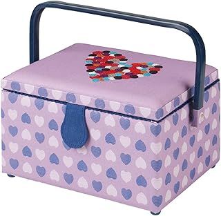 Sewing Online Medium Sewing Box,Purple Fabric with an Embroidered Button Heart Lid | 26 x 18 x 15cm | Storage & Organiser Basket with Compartments for Sewing Supplies/Accessories - GA1113M