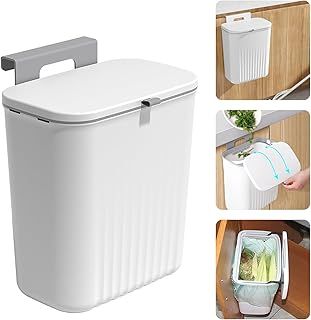 Kitchen Bin, Under Kitchen Counter Bins with Lid,9L Food Waste Caddy Rubbish Dustbin Wall Mounted for Under Sink,Cupboard Door,Kitchen Cabinet,Camping,Bathroom,Bedroom (White)