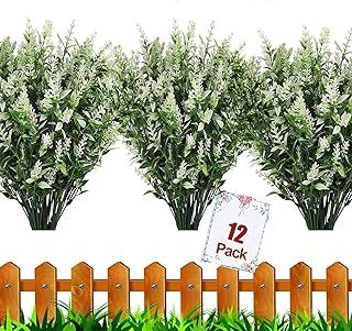 12 Bundles Outdoor Artificial Flowers UV Resistant Fake Boxwood Plants, Faux Plastic Greenery for Indoor Outside Hanging Plants Garden Porch Window Box Home Wedding Farmhouse Decor (White)