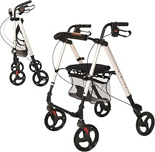 MobiQuip Aluminium Rollator, 4 Wheeled Walker with Seat and Storage Basket, Weighs Just 6.4kg Lightweight Folding Mobility Aid, Easy to Fold Walking Frame, for Elderly or Disability, Silver