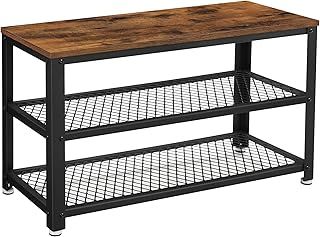 VASAGLE Shoe Bench, Shoe Rack with 2 Shelves, Shoe Organiser, 30 x 73 x 45 cm, Entryway Living Room Hallway, Steel Structure, Industrial Style, Rustic Brown and Black LBS73X