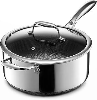 HexClad Hybrid Nonstick 5-Litre Saucepan with Tempered Glass Lid, Stay-Cool Handle, Dishwasher-Friendly, Oven-Safe Up to 480°C, Induction Ready, Compatible with All Cooktops