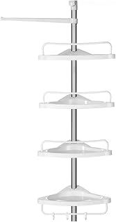 SONGMICS Adjustable Bathroom Corner Shelf, Telescopic Shower Caddy, 95-300 cm, Floor to Ceiling, with Stainless Steel Frame, 4 Trays, 3 Hooks, 1 Towel Bar, White and Silver BCB02SW