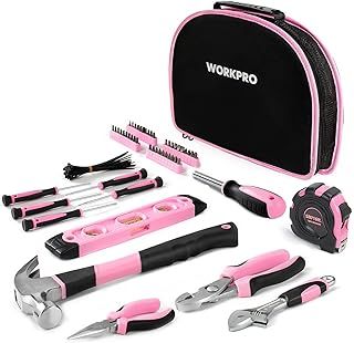 WORKPRO Pink Tool Kit 103-Piece, Pink Hand Tools Set for Home Repair, Tool Kit Portable with Hammer, Screwdriver Set, Tape Measure, Pliers, with Compact Storage Bag, New Home Gifts