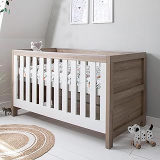 Tutti Bambini Modena Baby Cot Bed - 3-in-1 Wooden Baby Crib, Toddler & Day Bed with Teething Rails & Adjustable Base, from Birth to 6 Years, Oak & White (140 cm x 70 cm)