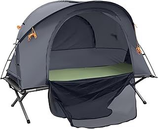 Outsunny Camping Tent Cot, Multifunctional Folding Tent Combo, Portable Off-Ground Tent Shelter with Self-Inflating Air Mattress and Carry Bag for 1 Person