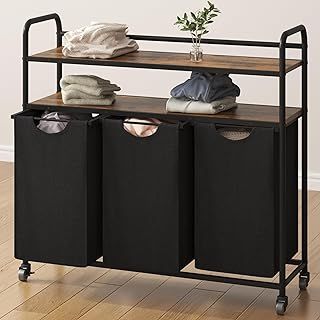 Laundry Basket with 2 Shelves, 3 Compartment Laundry Hamper, Removable Laundry Bag, 46 Litre Bag, 3 x 46L, for Bathroom, Laundry Room, Vintage Brown LB08601B
