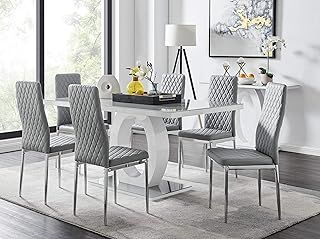 Furniturebox UK Dining Set - Giovani Dining Table and Milan Chairs (Set of 6, Contemporary High Gloss and Glass Table with Modern Grey Chairs)