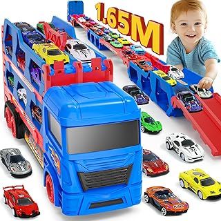 Carrier Truck Toys for Kids, 65inch&FoldableTransporter Truck Toy with 10 Cars (4 Pull Back Cars+6 Race Cars), Race Track Truck for Boy Kids, Toy Cars for 2-6 Year Olds Boy Gift for Birthday/Christmas