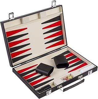 Deluxe Wooden Backgammon Game in Leatherette Covered Case, 2 player, 5 dice, 2 cups as well as shuffleboard, (Black/Red 15")