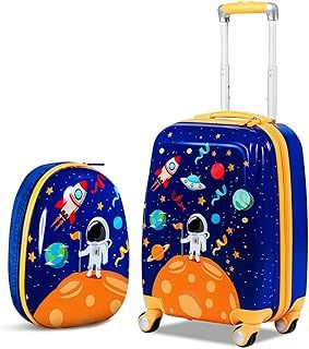 2PCS Kids Luggage Set, 18" Hard Shell Children Suitcase with 12’’ Backpack, Girls Boys Trolley Case for School Travel (Space, Blue)