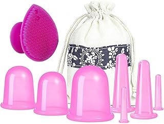 Silicone Cupping Therapy Set, 8 Pcs Face Cupping Set for Face and Eyes Cupping Massage, Face Cupping Set Silicone Cup with Peeling Brush for Face Neck Skin (Small Medium Large, Pink)