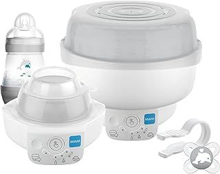 MAM Electric Baby Bottle Steriliser & Express Bottle Warmer; with 6 Functions – Includes 1x 160 ml Easy Start Anti-Colic Bottle & 1x MAM 0-2 Months Start Soother (Designs May Vary)