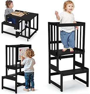 COSYLAND Convertible Toddler Standing Tower with Whiteboard – 3-In-1 Kitchen Step Stool for Kids – Children's Bathroom Kitchen Counter Helper Tower Learning Stool (Black)