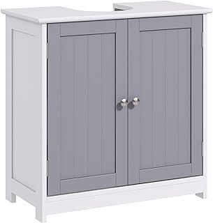 kleankin 60x60cm Under-Sink Storage Cabinet w/Adjustable Shelf Handles Drain Hole Bathroom Cabinet Space Saver Organizer White and Grey