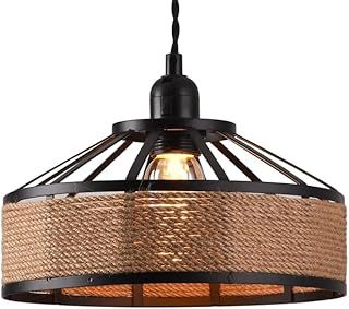 Metal & Rope Pendant Light Shade,30cm Retro Hemp Rope Black Ceiling Lampshade with Reducer Ring Pendant Lamp Shade for Living Room, Bedroom, Kitchen, Hallways & Floor Lamp