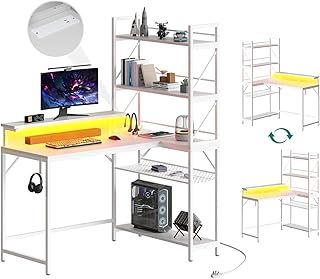 YITAHOME L Shaped Gaming Desk with Power Outlets & LED Lights Corner Desk with Shelves 106CM Reversible Computer Desk with Storage Shelves Gaming Desk with Hooks for Home Office Small Space (White)